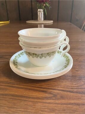 Pyrex Crazy Daisy White and Green Dinnerware Teacup and Saucer Set